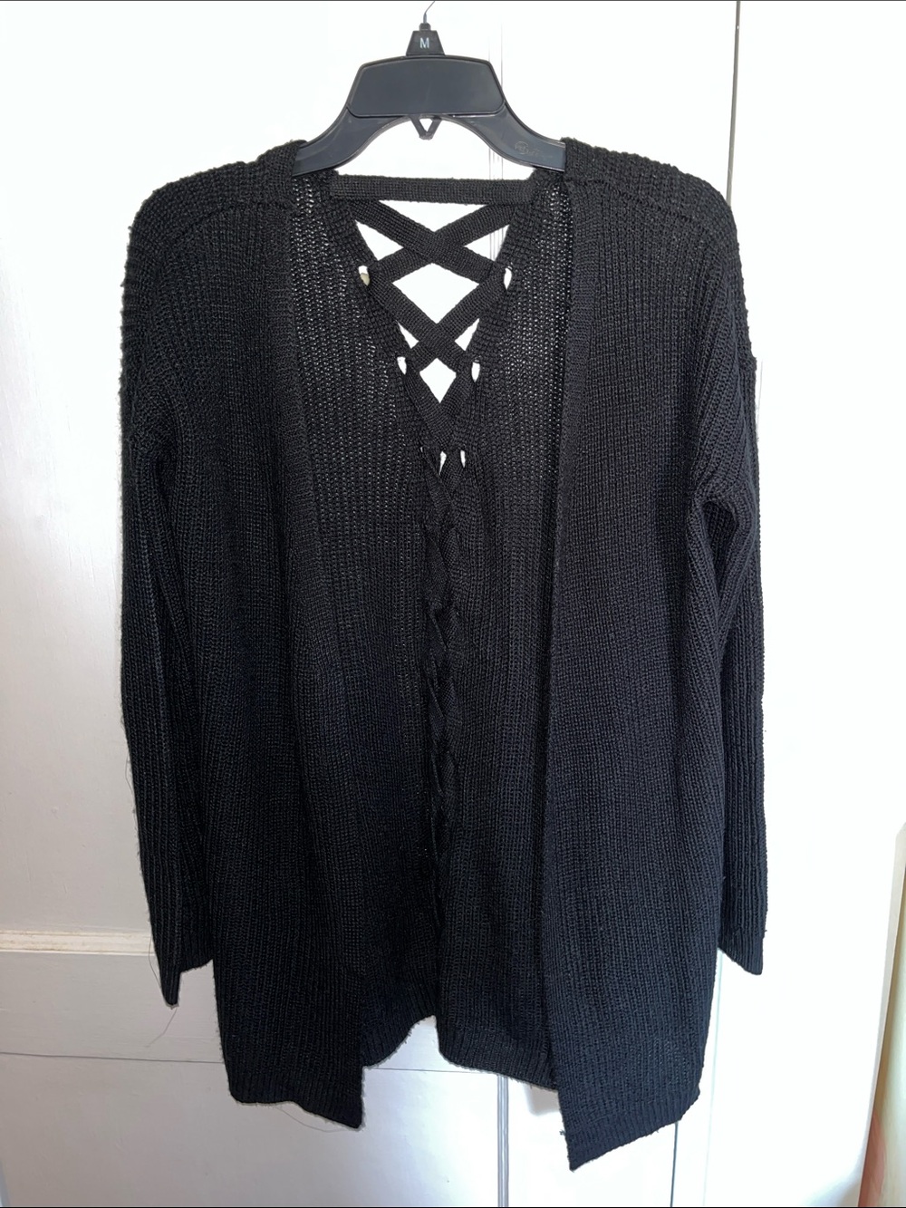 Pink Rose Black Open-Front Cardigan with Crisscross Back